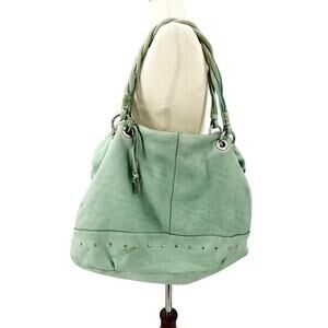 Fossil turquoise sea glass Leather Purse Handbag double handles silver hardware